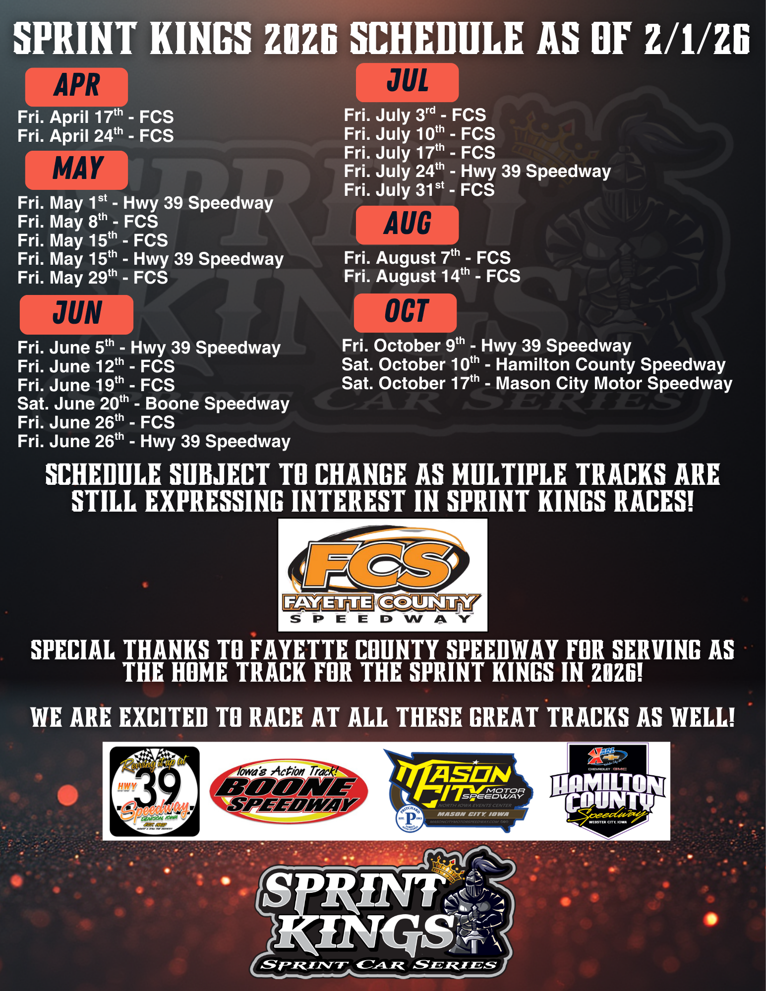 Sprint Kings 2026 Schedule